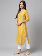Janasya Women's Yellow Cotton Ethnic Motif Printed Casual Straight Kurta | Grocsy