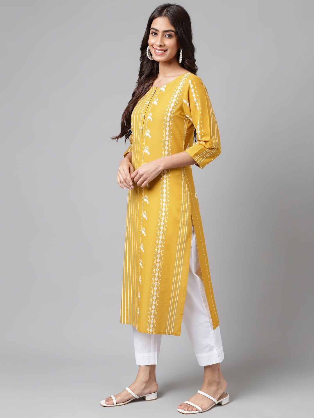Janasya Women's Yellow Cotton Ethnic Motif Printed Casual Straight Kurta | Grocsy