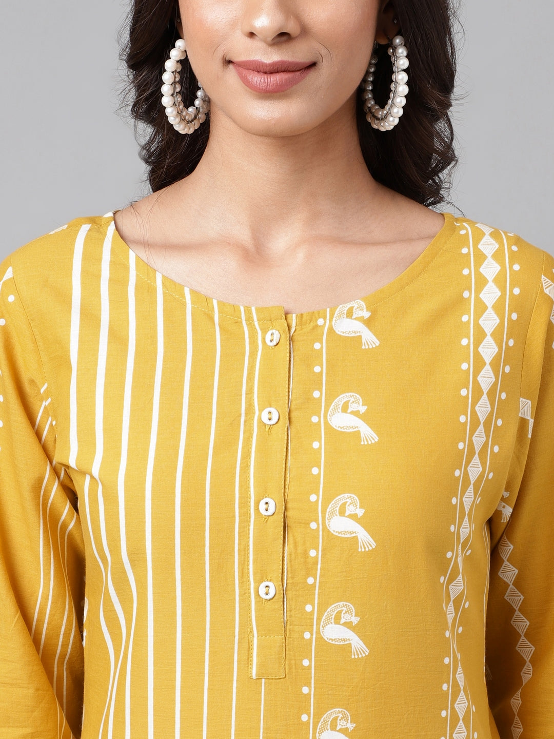 Janasya Women's Yellow Cotton Ethnic Motif Printed Casual Straight Kurta | Grocsy