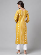 Janasya Women's Yellow Cotton Ethnic Motif Printed Casual Straight Kurta | Grocsy