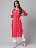 Janasya Women's Red Cotton Ethnic Motif Printed Casual Straight Kurta | Grocsy