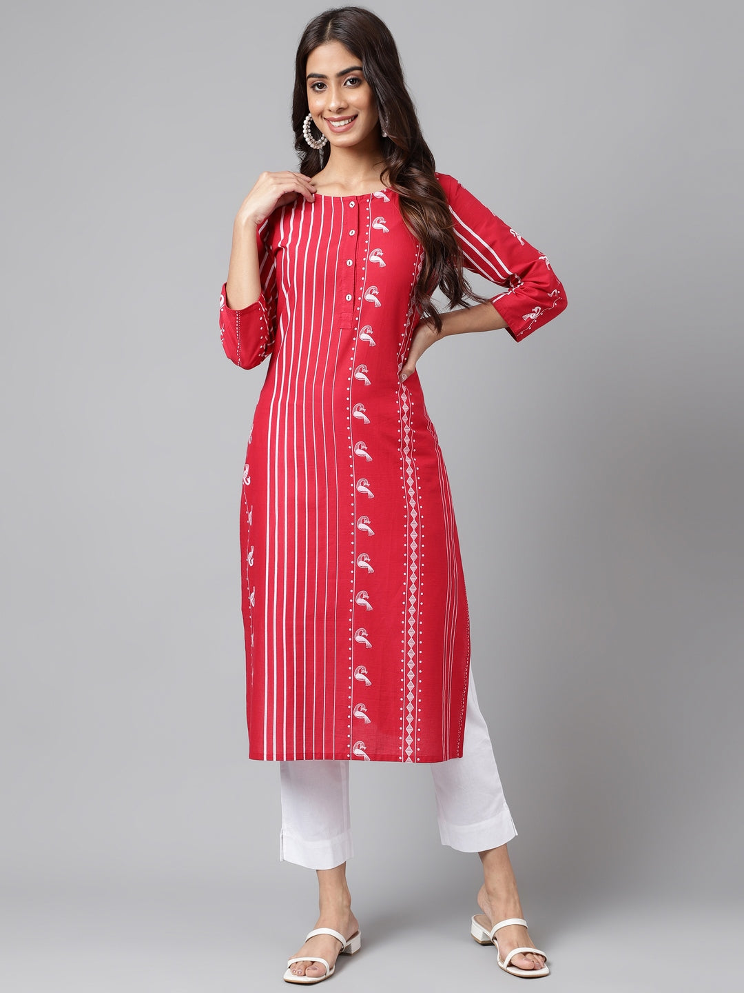 Janasya Women's Red Cotton Ethnic Motif Printed Casual Straight Kurta | Grocsy