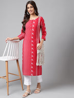 Janasya Women's Red Cotton Ethnic Motif Printed Casual Straight Kurta | Grocsy