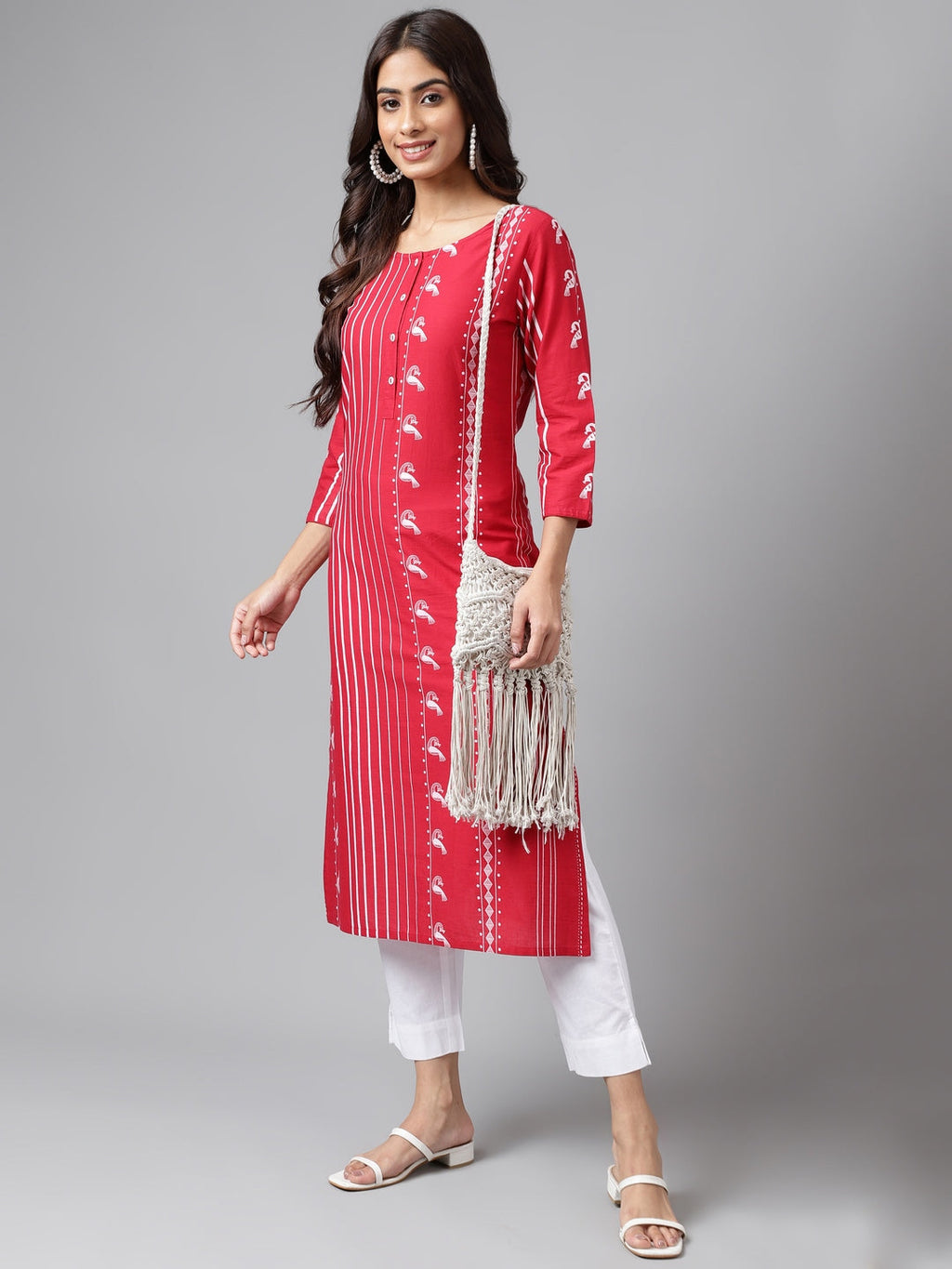 Janasya Women's Red Cotton Ethnic Motif Printed Casual Straight Kurta | Grocsy