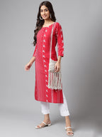 Janasya Women's Red Cotton Ethnic Motif Printed Casual Straight Kurta | Grocsy