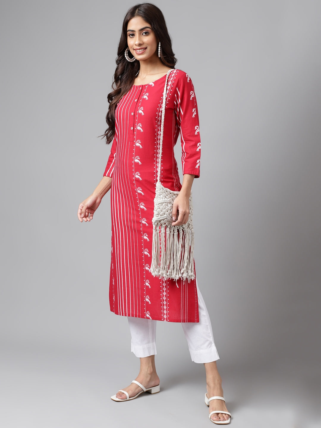 Janasya Women's Red Cotton Ethnic Motif Printed Casual Straight Kurta | Grocsy