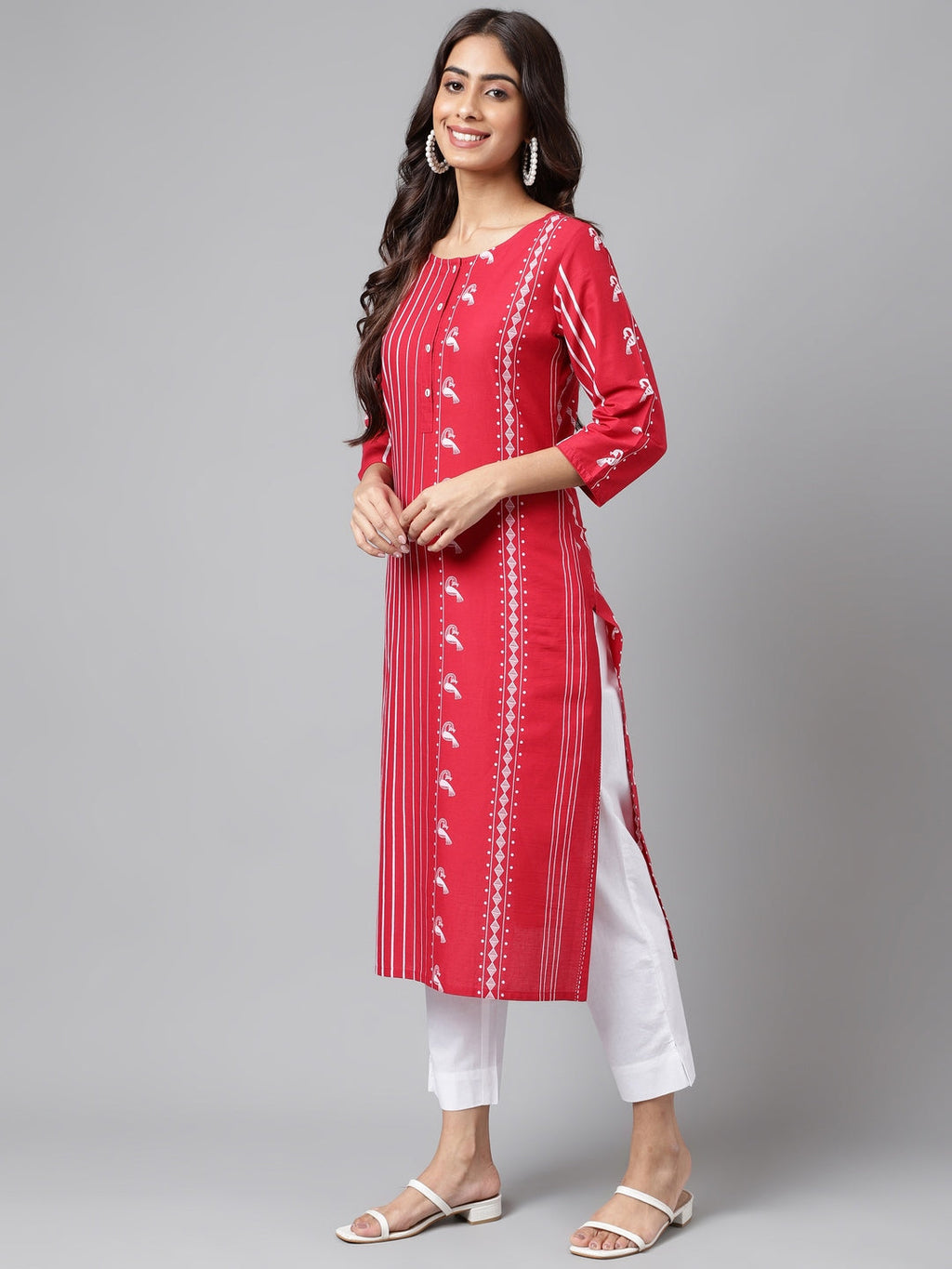 Janasya Women's Red Cotton Ethnic Motif Printed Casual Straight Kurta | Grocsy