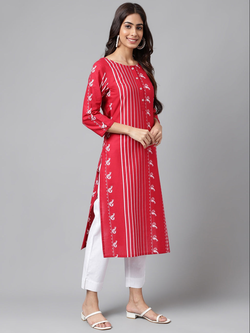 Janasya Women's Red Cotton Ethnic Motif Printed Casual Straight Kurta | Grocsy