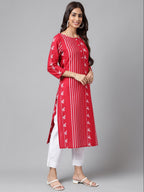 Janasya Women's Red Cotton Ethnic Motif Printed Casual Straight Kurta | Grocsy