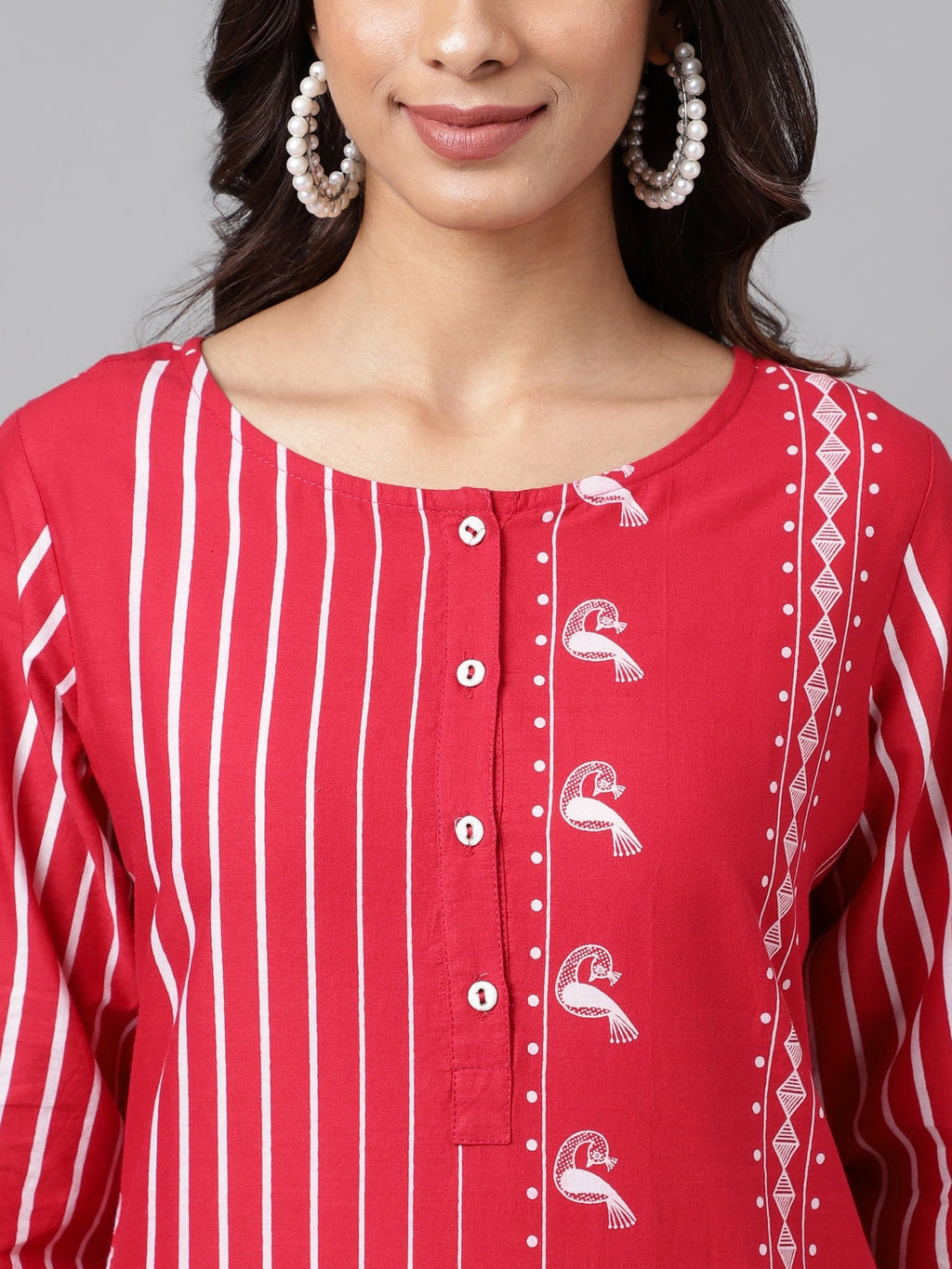 Janasya Women's Red Cotton Ethnic Motif Printed Casual Straight Kurta | Grocsy