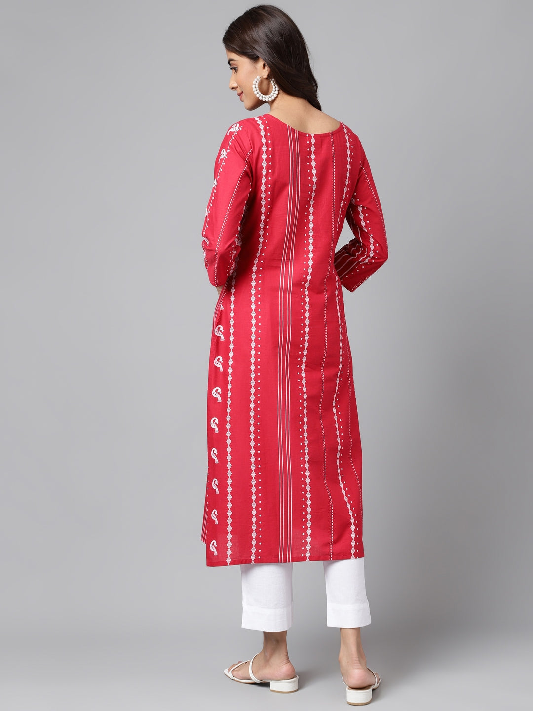 Janasya Women's Red Cotton Ethnic Motif Printed Casual Straight Kurta | Grocsy