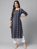 Janasya Women's Navy Blue Cotton Ethnic Motif Printed Casual Straight Kurta | Grocsy