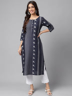 Janasya Women's Navy Blue Cotton Ethnic Motif Printed Casual Straight Kurta | Grocsy