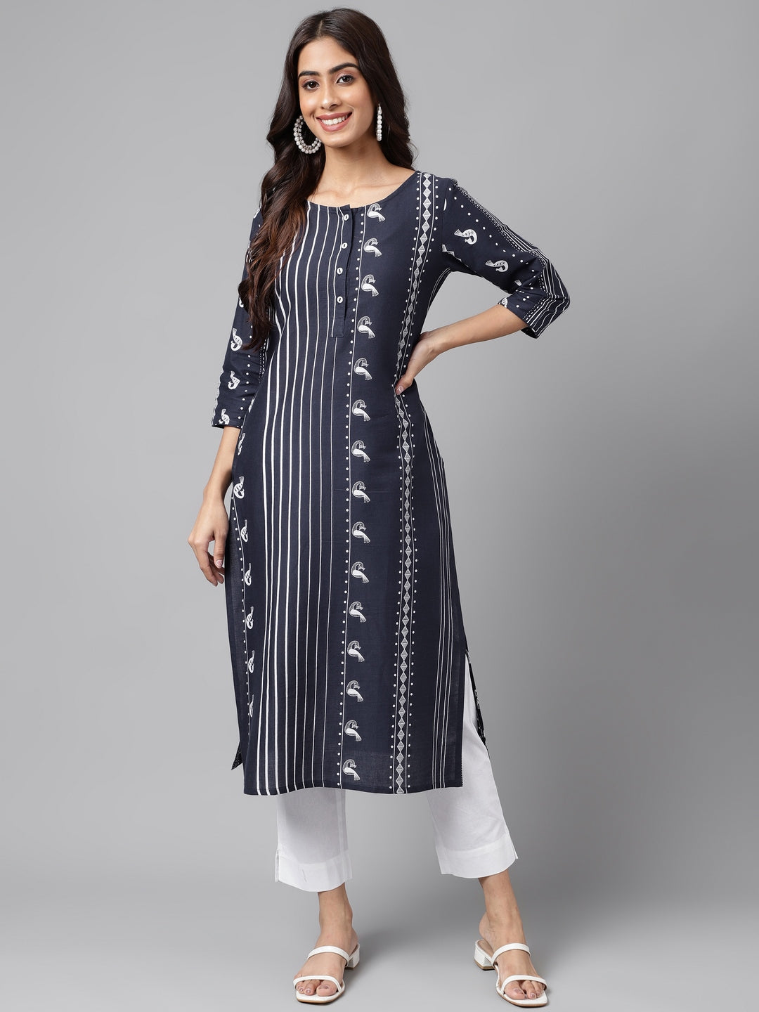 Janasya Women's Navy Blue Cotton Ethnic Motif Printed Casual Straight Kurta | Grocsy