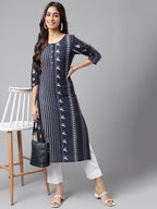 Janasya Women's Navy Blue Cotton Ethnic Motif Printed Casual Straight Kurta | Grocsy