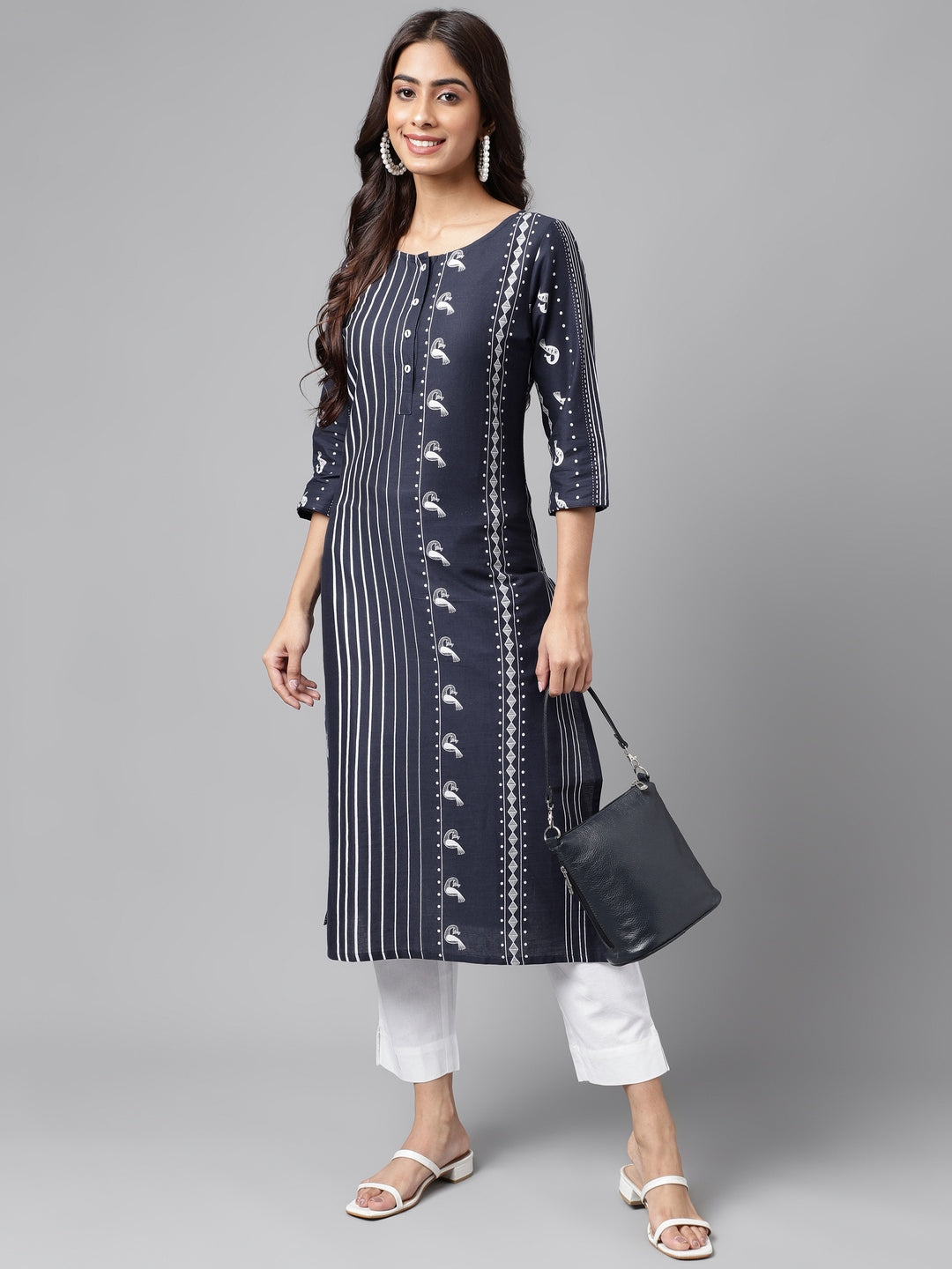 Janasya Women's Navy Blue Cotton Ethnic Motif Printed Casual Straight Kurta | Grocsy