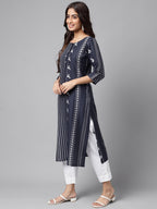 Janasya Women's Navy Blue Cotton Ethnic Motif Printed Casual Straight Kurta | Grocsy