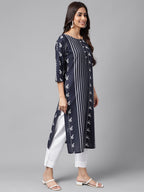 Janasya Women's Navy Blue Cotton Ethnic Motif Printed Casual Straight Kurta | Grocsy