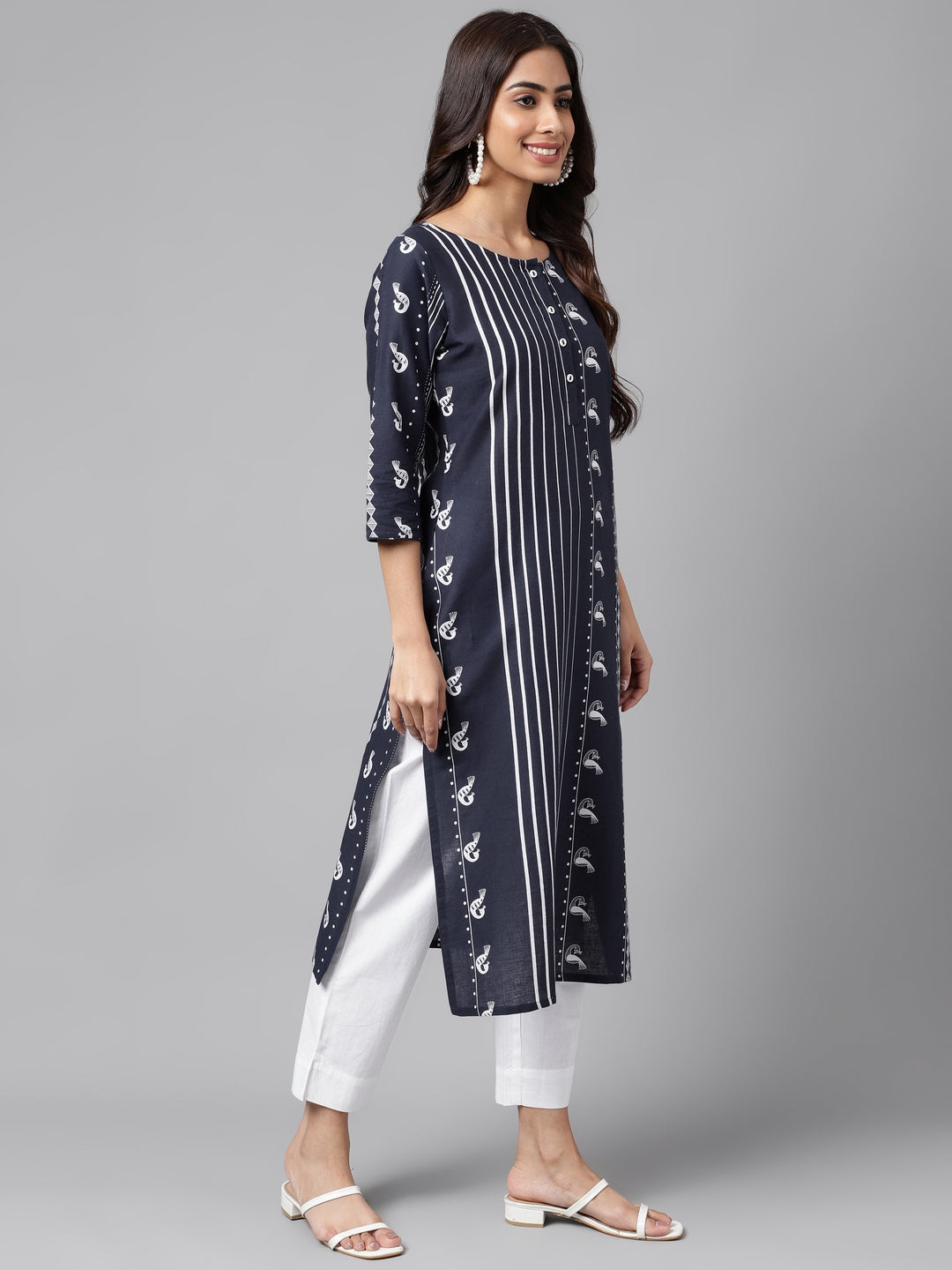 Janasya Women's Navy Blue Cotton Ethnic Motif Printed Casual Straight Kurta | Grocsy
