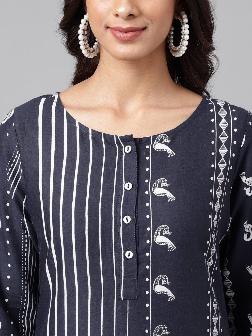 Janasya Women's Navy Blue Cotton Ethnic Motif Printed Casual Straight Kurta | Grocsy