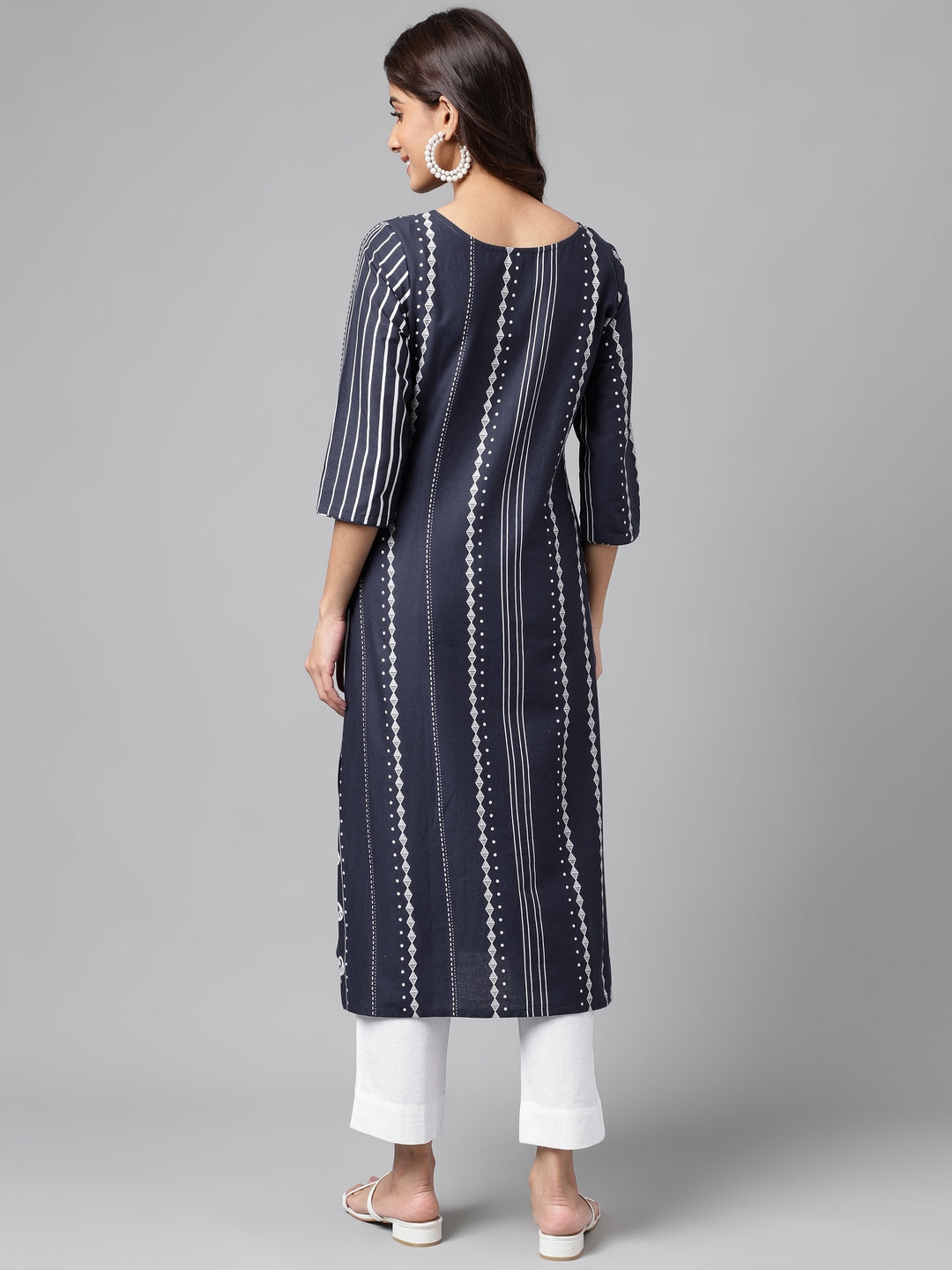 Janasya Women's Navy Blue Cotton Ethnic Motif Printed Casual Straight Kurta | Grocsy