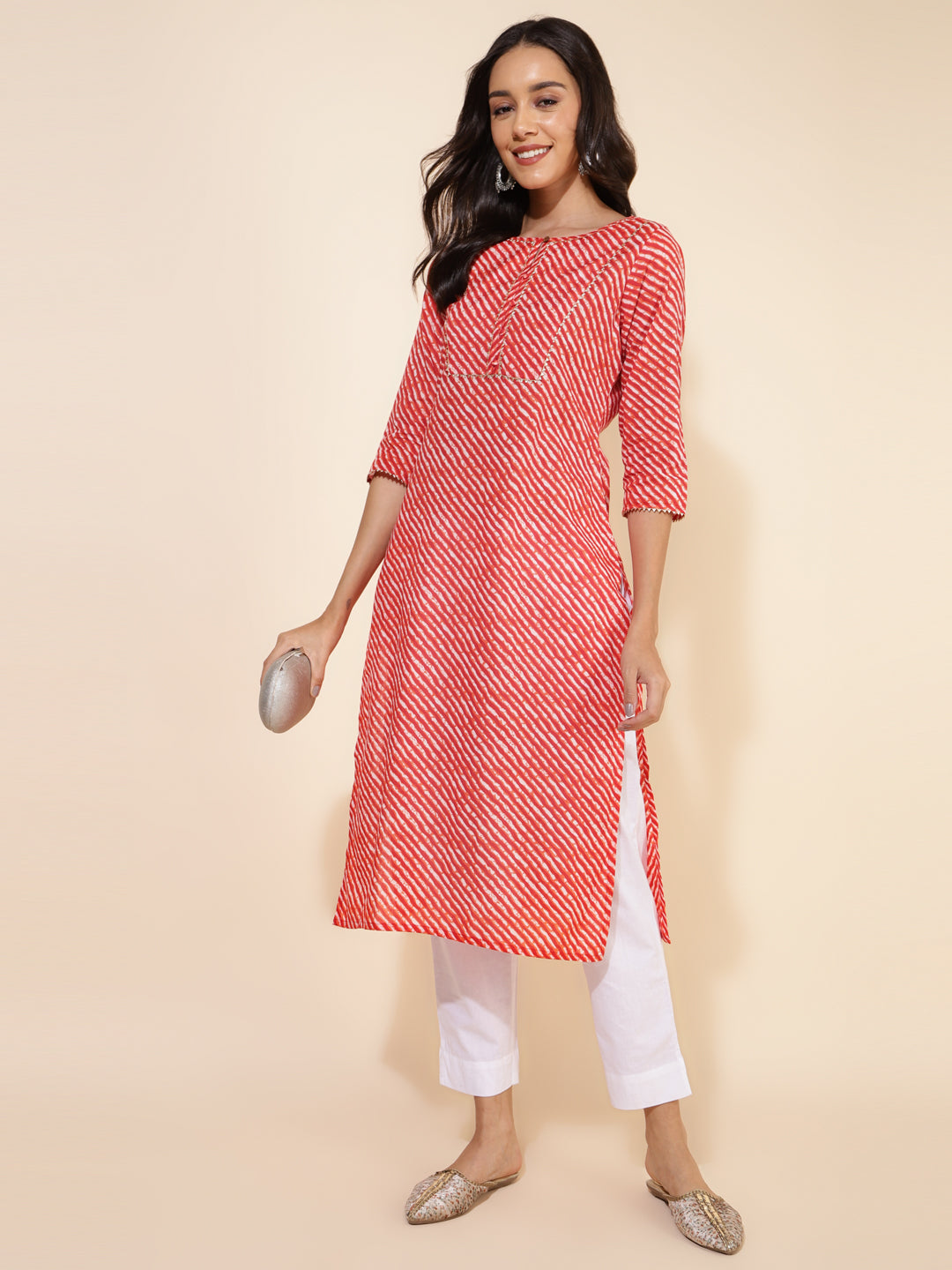 Janasya Red Cotton Striped Casual Kurta | Grocsy