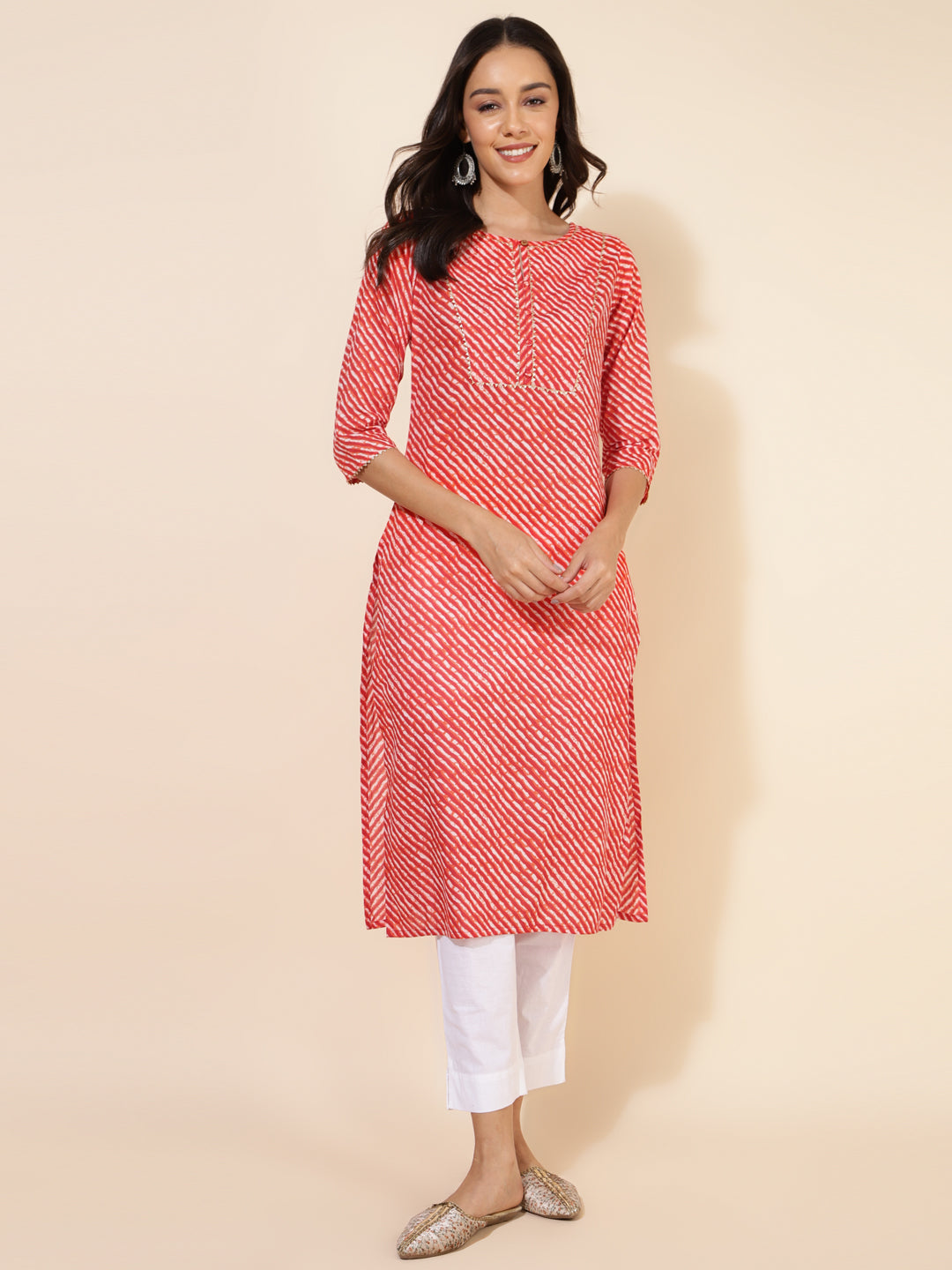 Janasya Red Cotton Striped Casual Kurta | Grocsy