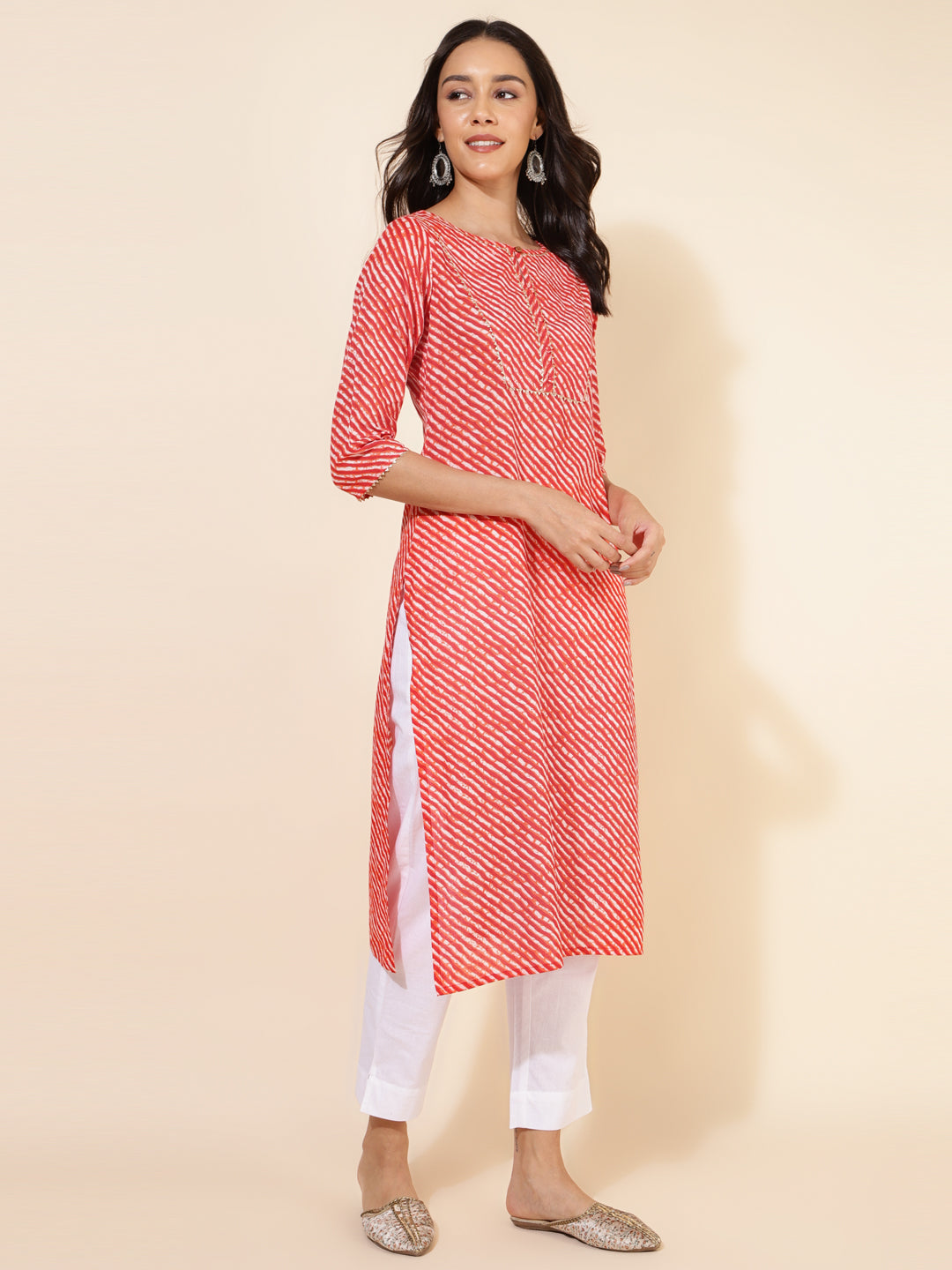 Janasya Red Cotton Striped Casual Kurta | Grocsy