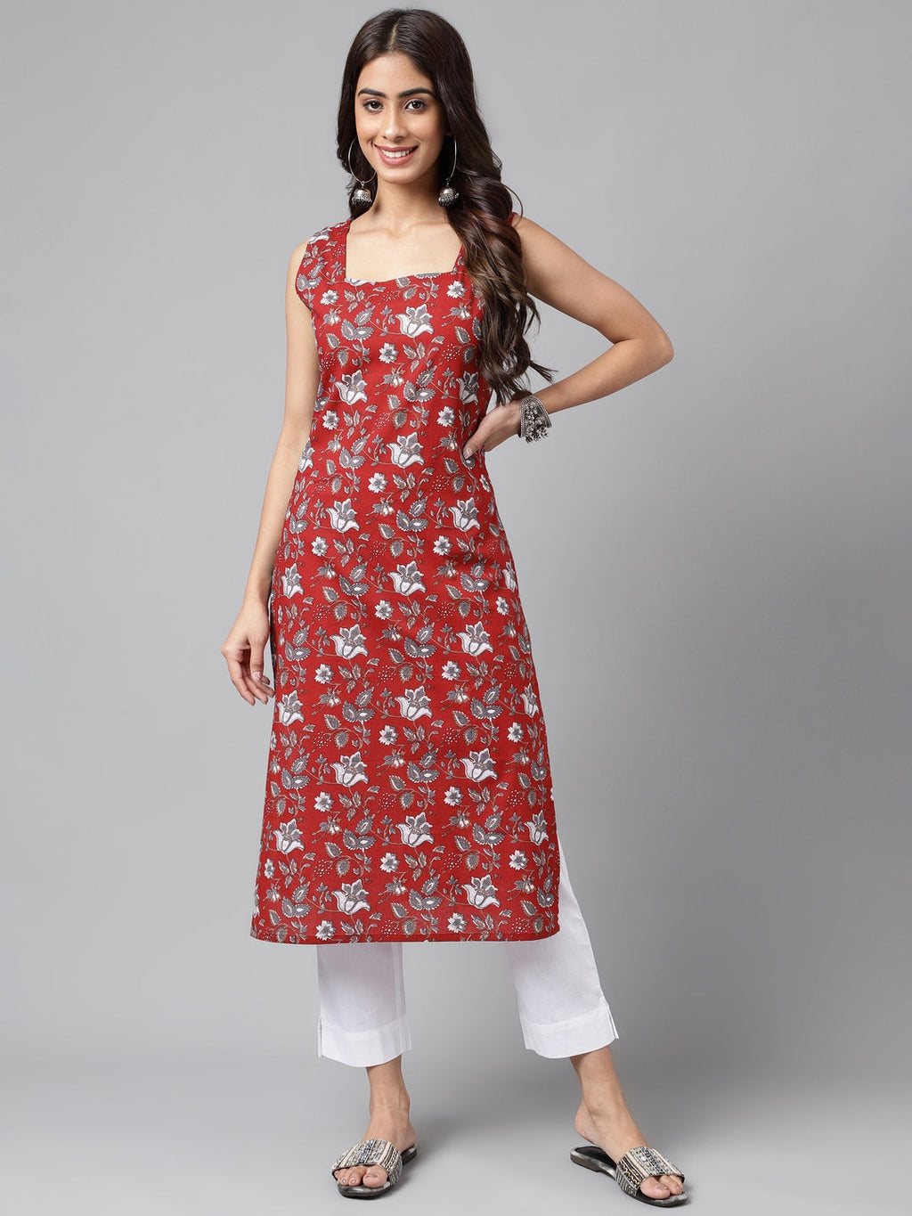 Janasya Women's Maroon Cotton Botanical Printed Casual Straight Kurta | Grocsy