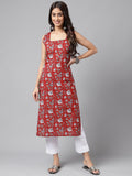 Janasya Women's Maroon Cotton Botanical Printed Casual Straight Kurta | Grocsy