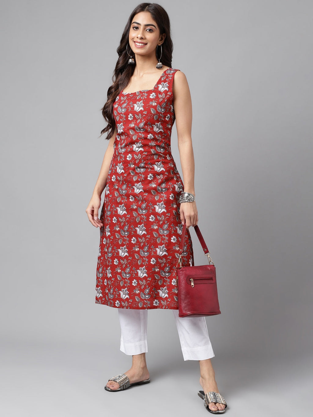 Janasya Women's Maroon Cotton Botanical Printed Casual Straight Kurta | Grocsy