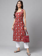 Janasya Women's Maroon Cotton Botanical Printed Casual Straight Kurta | Grocsy