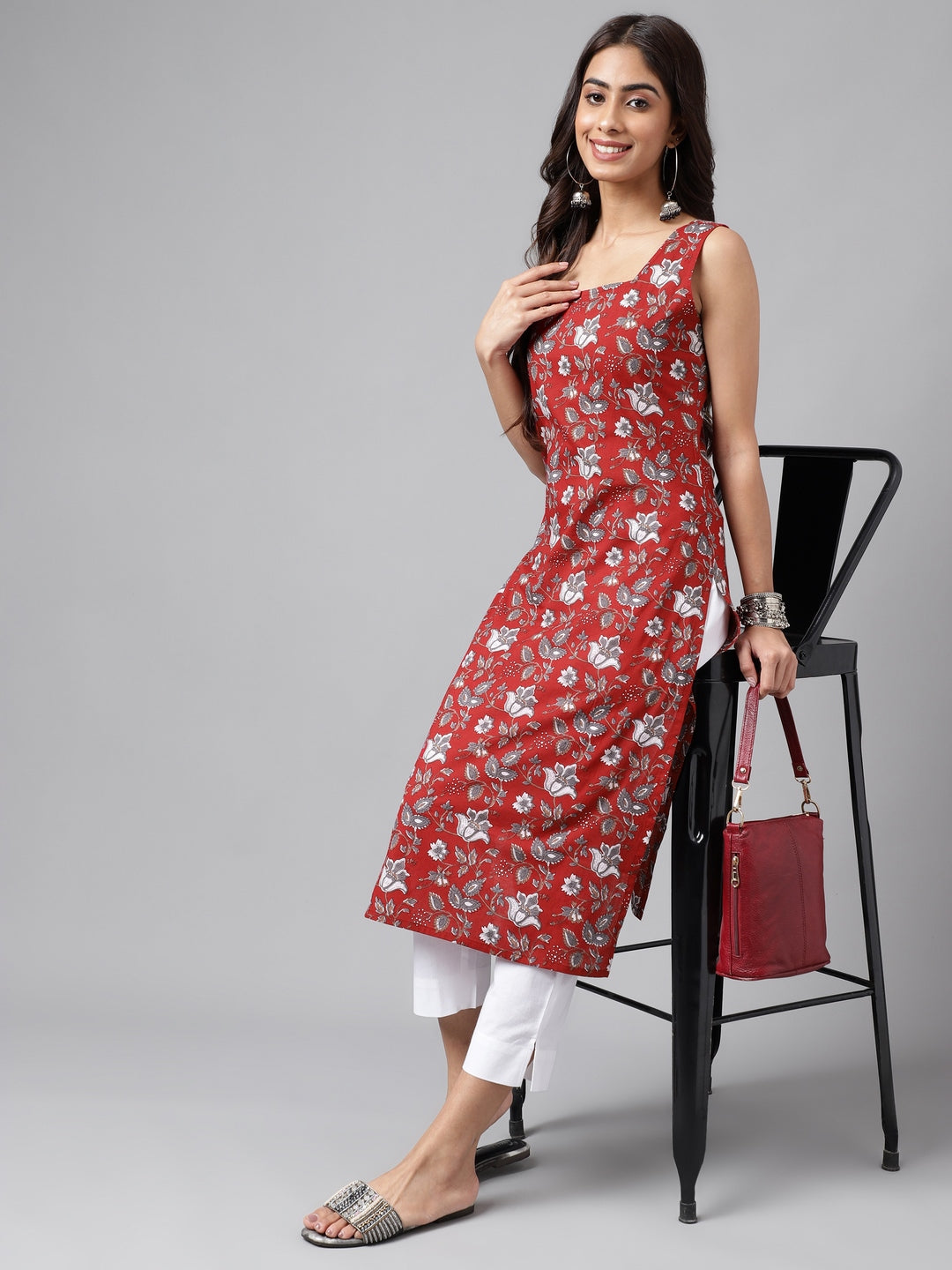 Janasya Women's Maroon Cotton Botanical Printed Casual Straight Kurta | Grocsy