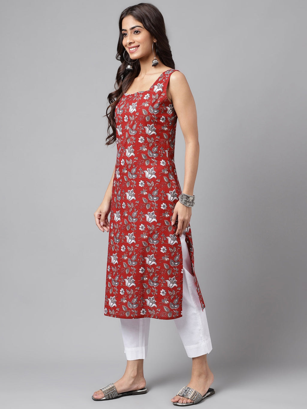 Janasya Women's Maroon Cotton Botanical Printed Casual Straight Kurta | Grocsy