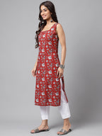 Janasya Women's Maroon Cotton Botanical Printed Casual Straight Kurta | Grocsy