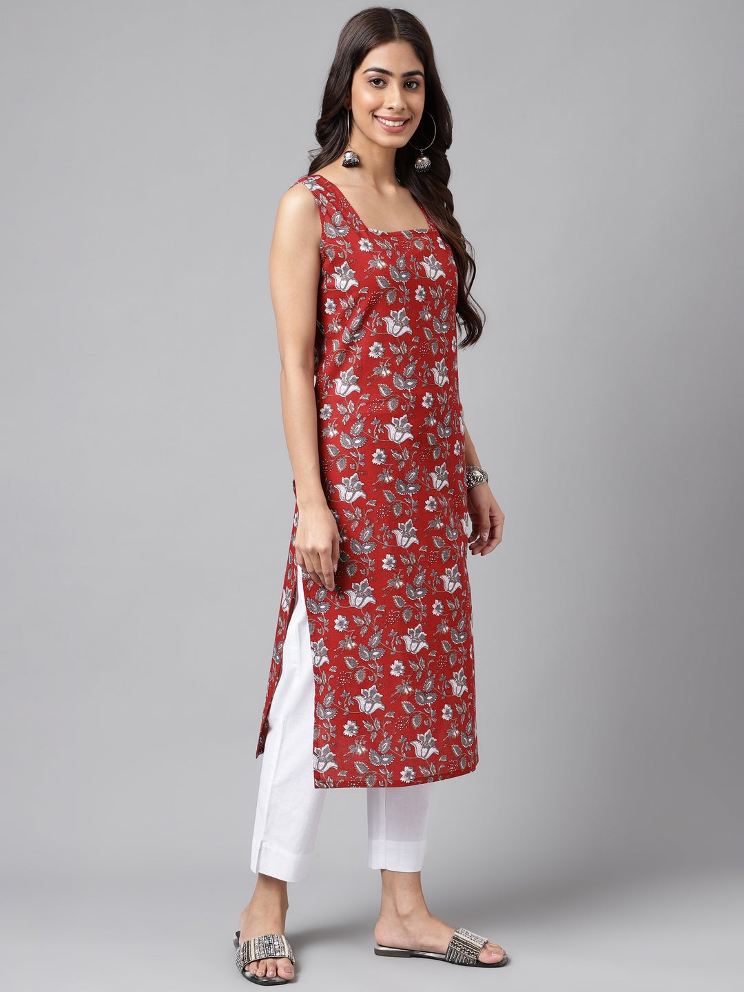 Janasya Women's Maroon Cotton Botanical Printed Casual Straight Kurta | Grocsy