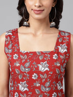 Janasya Women's Maroon Cotton Botanical Printed Casual Straight Kurta | Grocsy