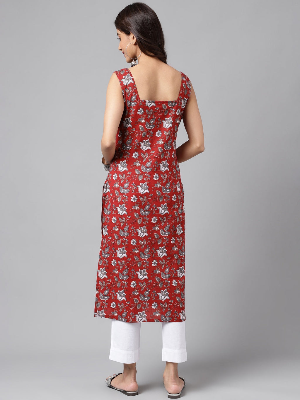 Janasya Women's Maroon Cotton Botanical Printed Casual Straight Kurta | Grocsy