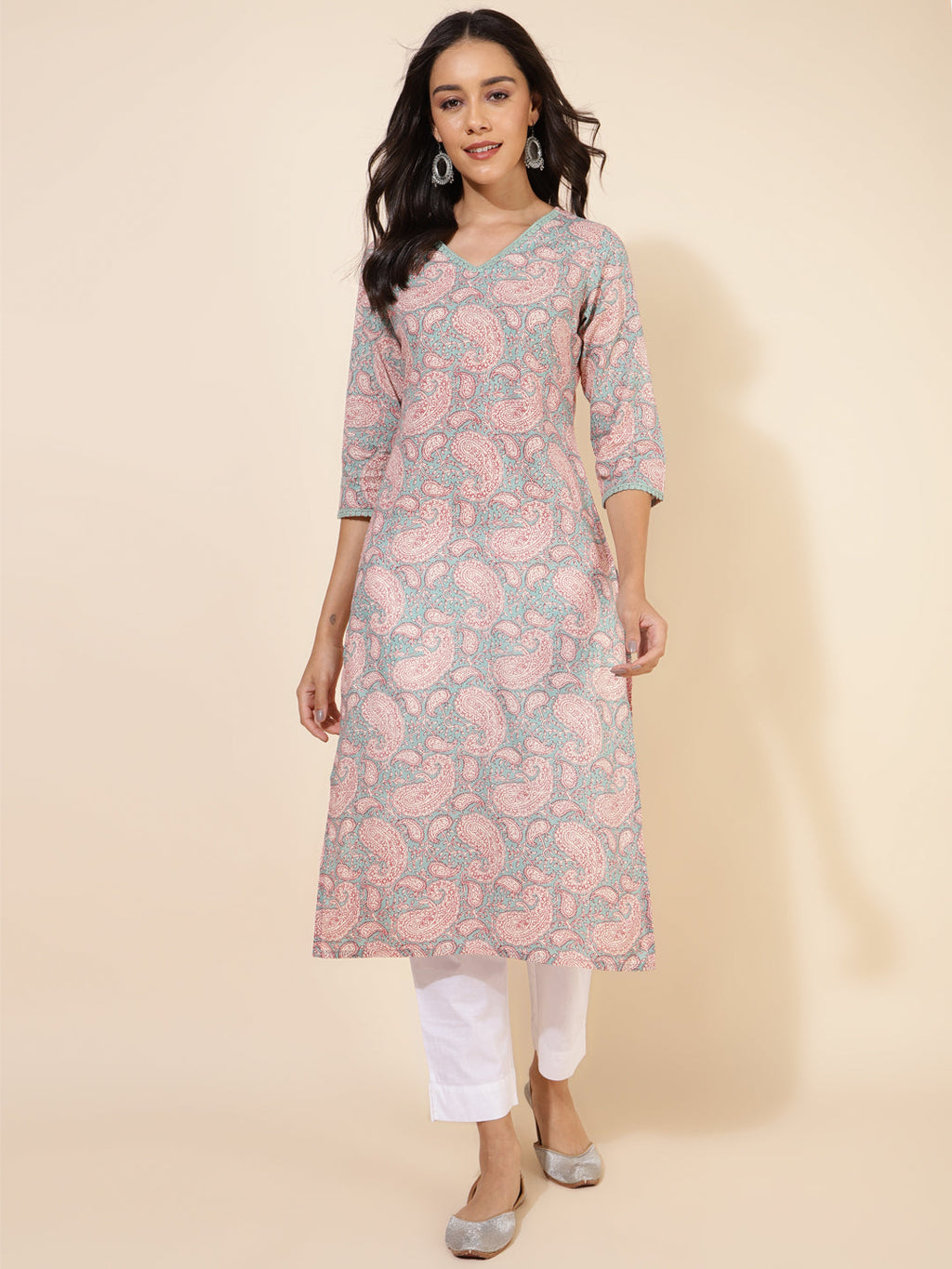 Janasya Sage Green Cotton Paisley Printed Casual Kurta | Grocsy