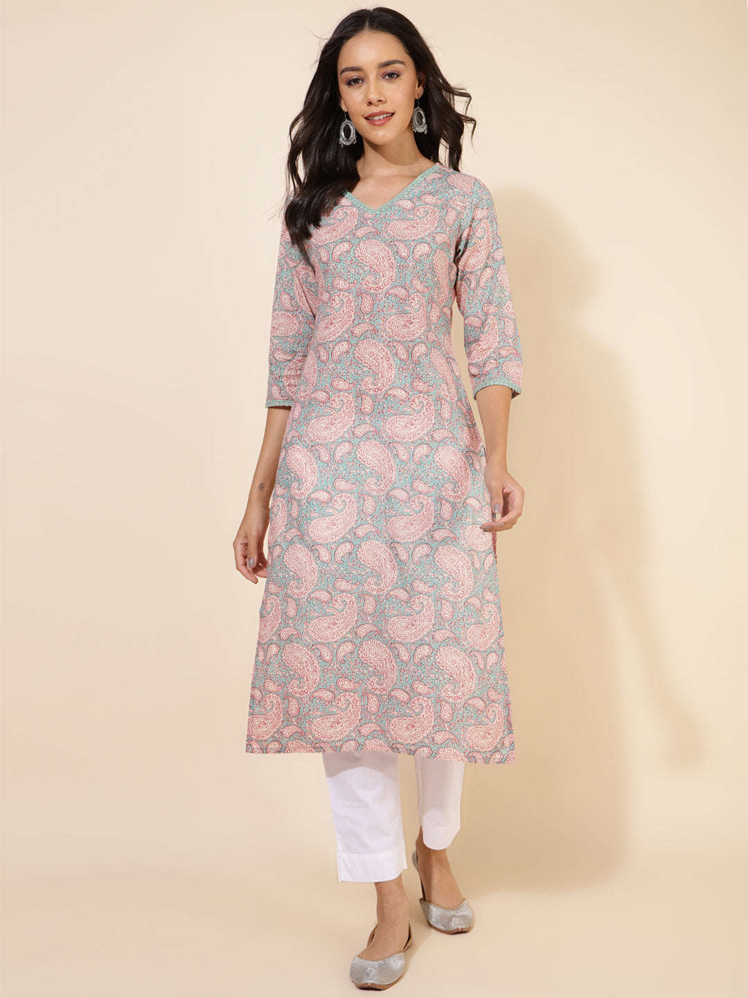 Janasya Sage Green Cotton Paisley Printed Casual Kurta | Grocsy