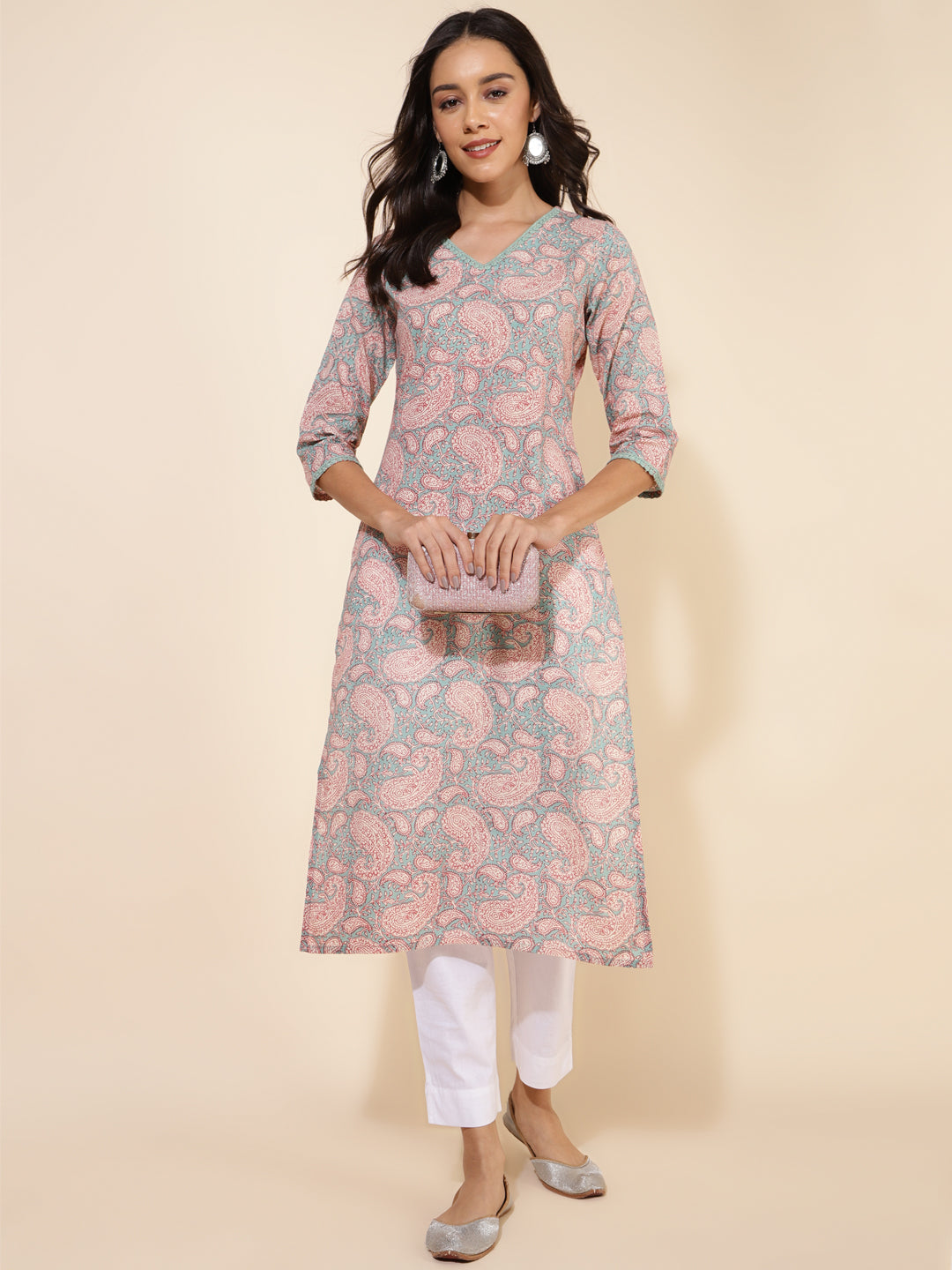 Janasya Sage Green Cotton Paisley Printed Casual Kurta | Grocsy