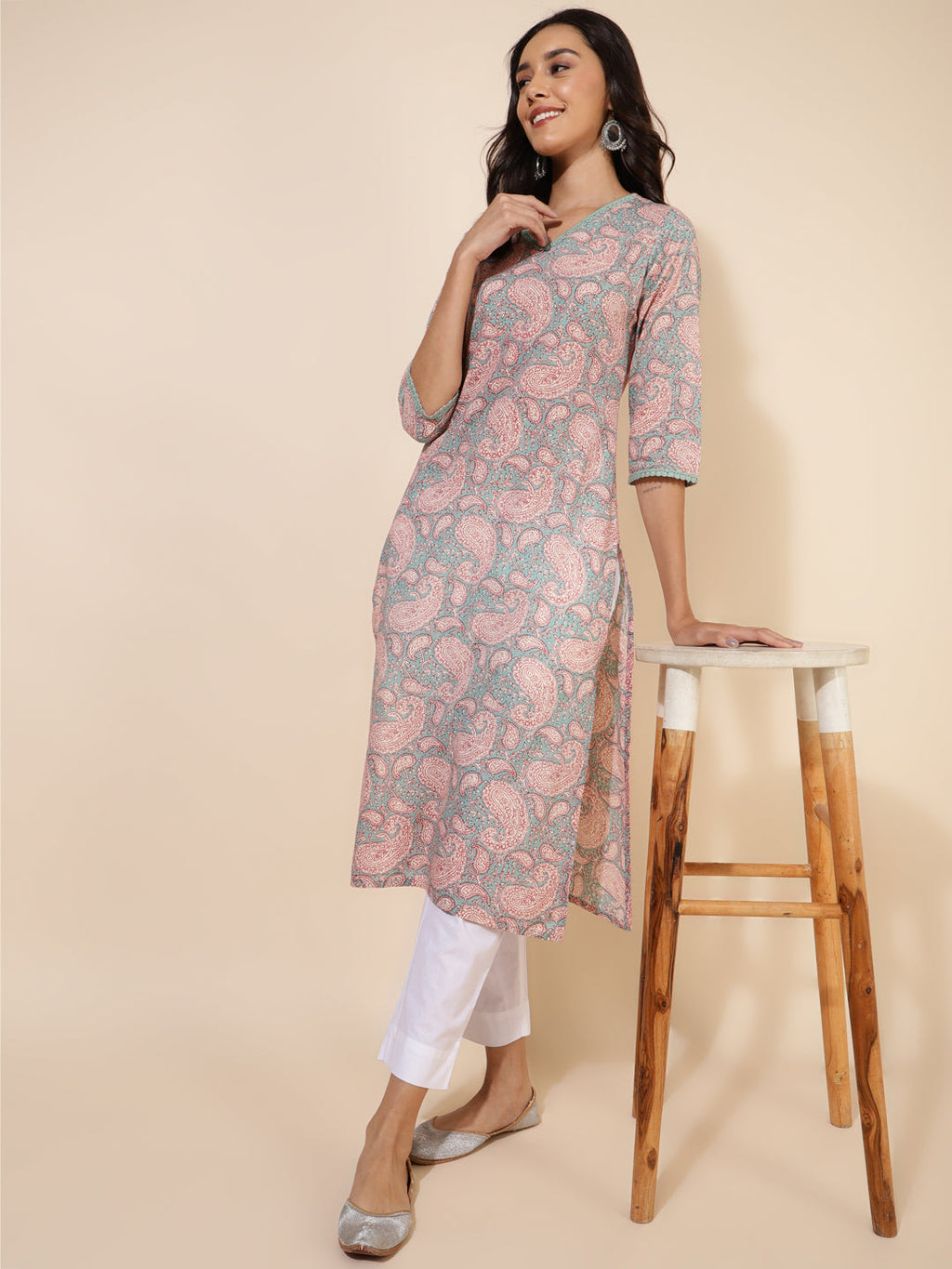 Janasya Sage Green Cotton Paisley Printed Casual Kurta | Grocsy