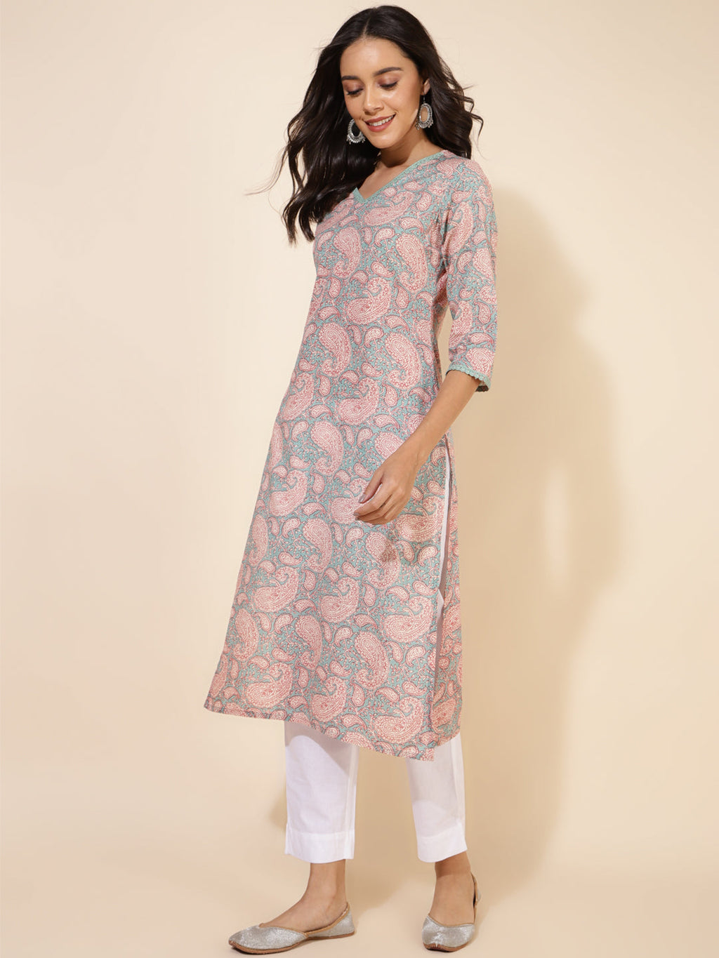 Janasya Sage Green Cotton Paisley Printed Casual Kurta | Grocsy