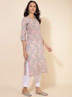 Janasya Sage Green Cotton Paisley Printed Casual Kurta | Grocsy