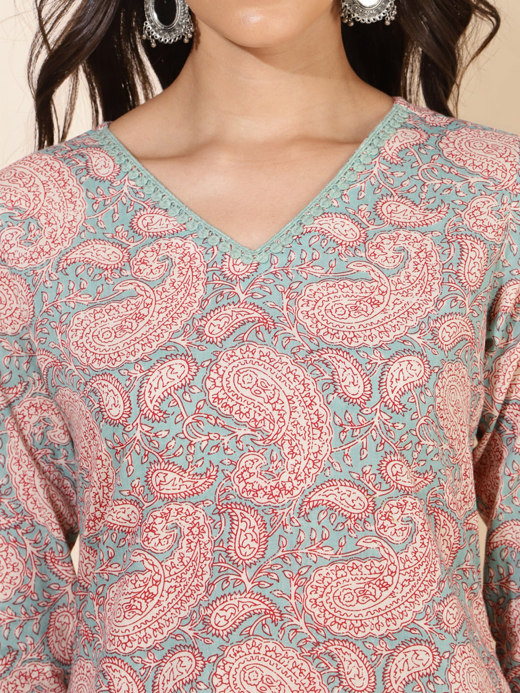 Janasya Sage Green Cotton Paisley Printed Casual Kurta | Grocsy