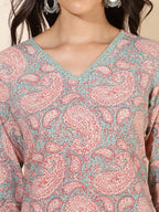 Janasya Sage Green Cotton Paisley Printed Casual Kurta | Grocsy
