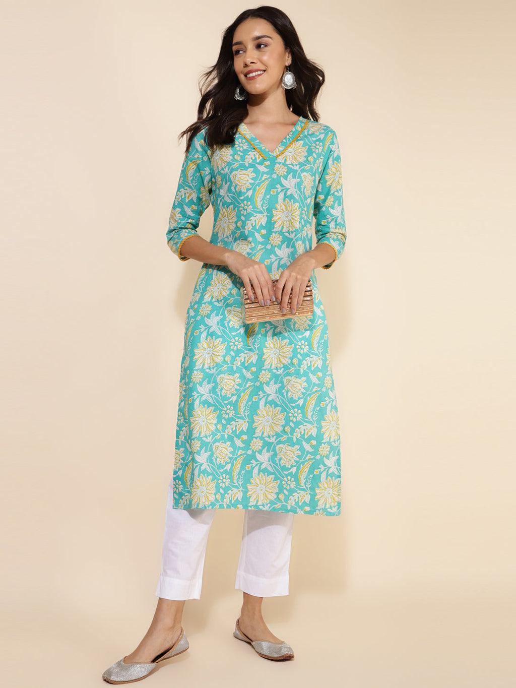 Janasya Aqua Blue Cotton Floral Printed Casual Kurta | Grocsy