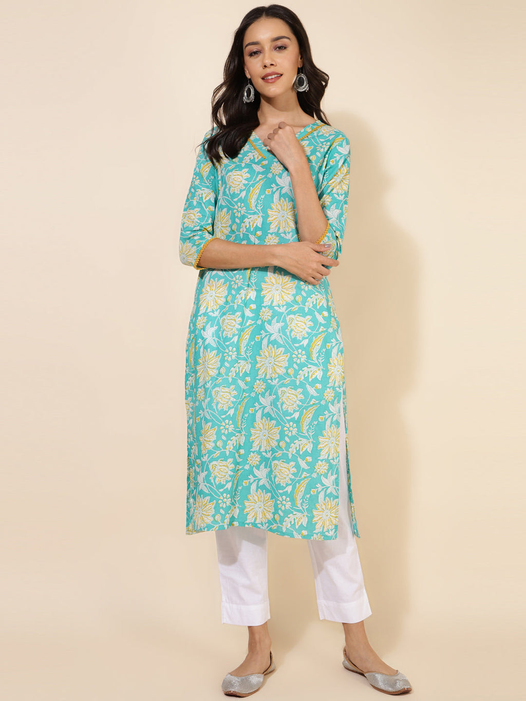 Janasya Aqua Blue Cotton Floral Printed Casual Kurta | Grocsy
