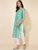 Janasya Aqua Blue Cotton Floral Printed Casual Kurta | Grocsy