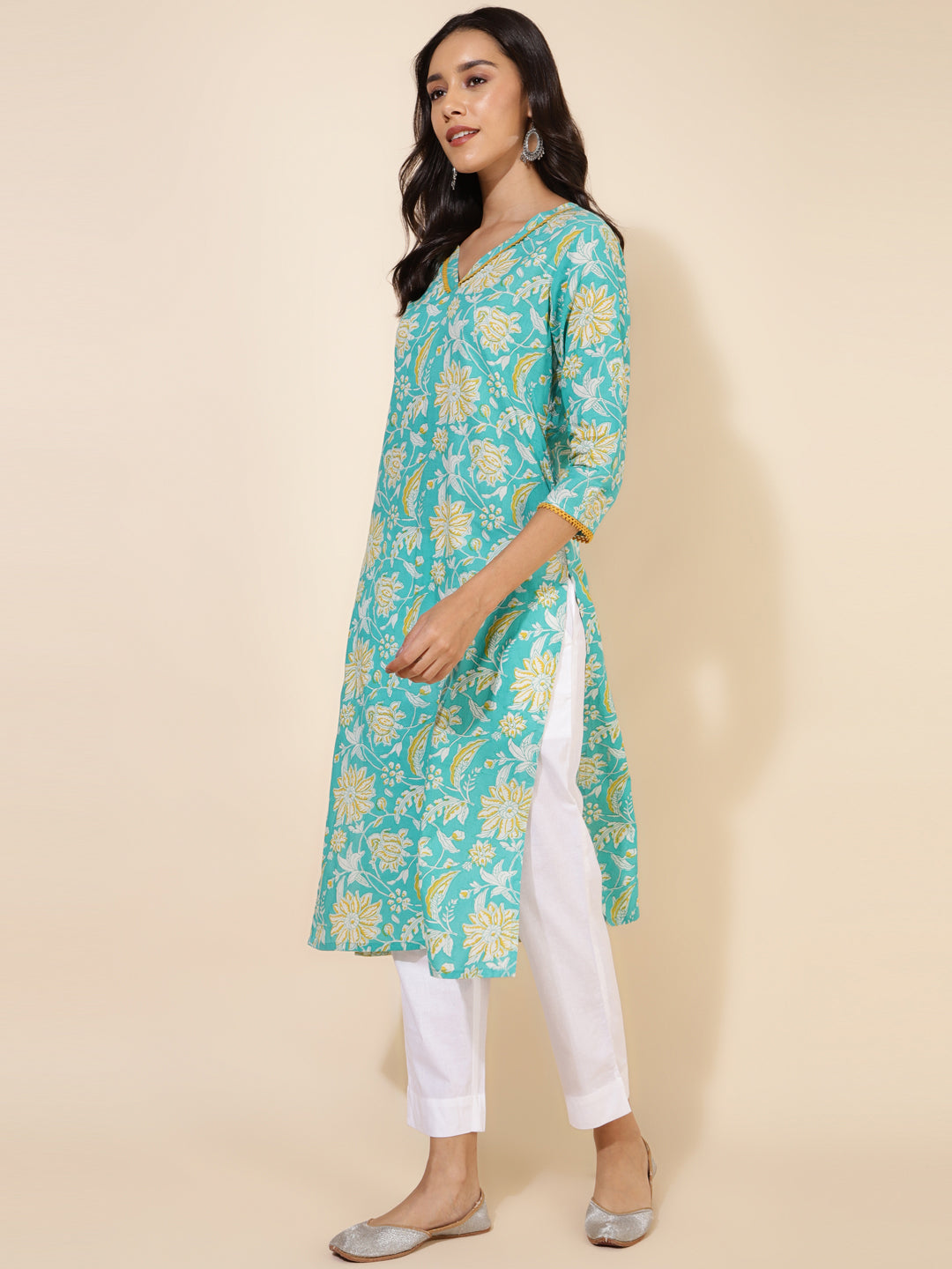 Janasya Aqua Blue Cotton Floral Printed Casual Kurta | Grocsy